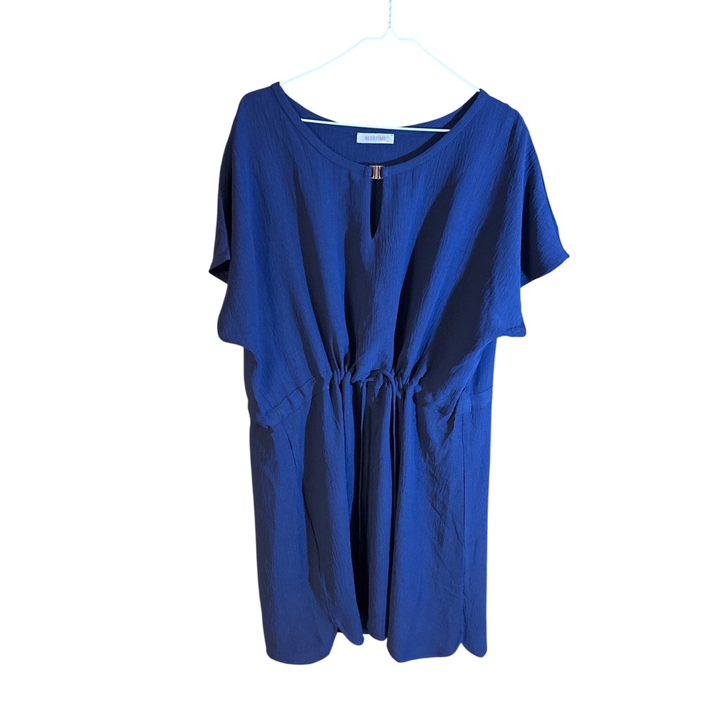 Bluetime Navy Blue Drawstring Waist Tunic Dress Gold Bar Keyhole XL